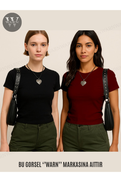 warn Kadın 2'li Siyah-bordo Bisiklet Yaka Likralı Kısa Kol Body Crop T-shirt