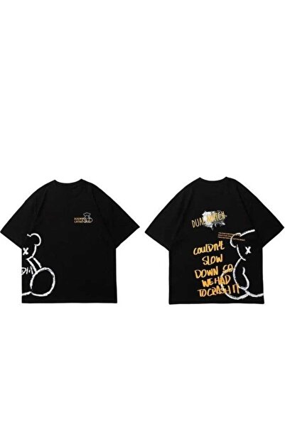 Harajuku Style تي شيرت أسود مطبوع عليه دمية دب كبيرة الحجم للجنسين