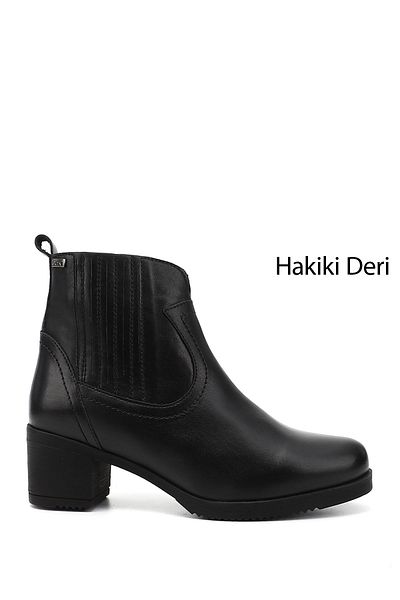 GÖNDERİ(R) حذاء نسائي/بنات أسود بسحاب وكعب سميك من الجلد الطبيعي