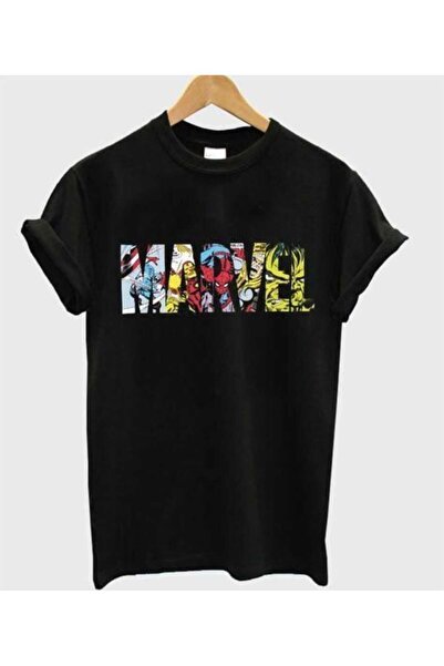 Harajuku Style Siyah Marvel Baskılı Oversize Unisex Rahat Kalıp