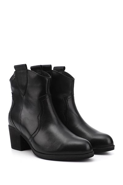 GÖNDERİ(R) Women's Black Thick Heeled Genuine Leather Cowboy Boots