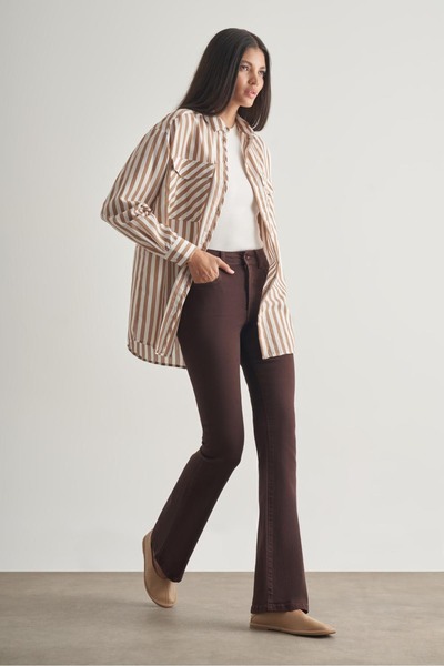 Mizalle Modal Dokulu Vizon Rengi Çizgili Cepli Gömlek