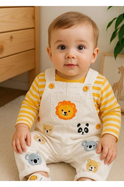 Necix's Baby Jumpsuit Salopet Set - Lion Printed Long Sleeve Striped Bodysuit Combination