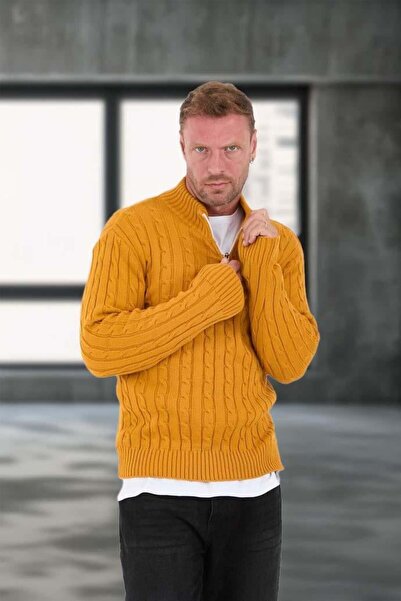 Valiberta Bardem Saç Örgülü Yarım Fermuar Erkek Triko Kazak - Hardal