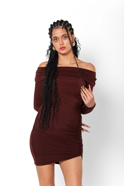 Bak Moda Μίνι φόρεμα Madonna με γιακά με κορδόνι καφέ