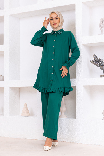 OKTAYUSTA COLLECTİON Βαμβακερό διπλό κοστούμι με πέτρινο λεπτομερές κουμπί σμαραγδί πράσινο