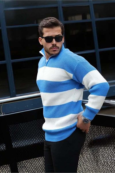 Valiberta Oversize Striped Thessaloniki Knitted Half Zipper Knitwear Men's Sweater - Blue