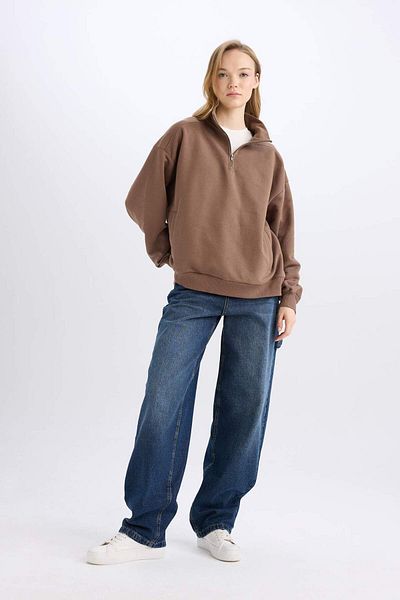 DeFacto Hanorac oversize, cu fermoar, cu guler în picioare, cu buzunar, de bază, solid, gros D7206AX24WN