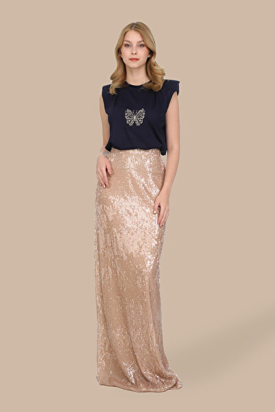 Elif Naz Moda Evi bej payet uzun çan etek