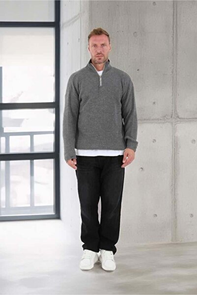 Valiberta Nolan Oversize Selanik Örgü Yarım Fermuar Erkek Triko Kazak - Füme