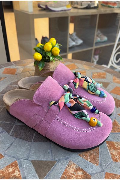 Lemoors Rachel Natural Cork Sole Genuine Suede Leather Tasseled Women's Sabo Slippers