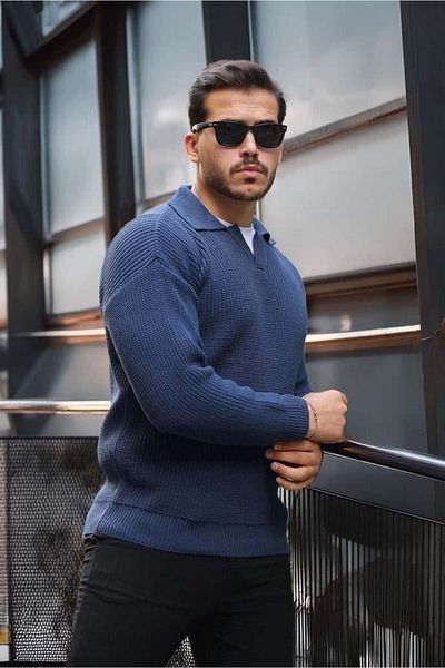 Valiberta Oversize Shirt Polo Neck Thessaloniki Braided Men's Knitwear Sweater - Indigo