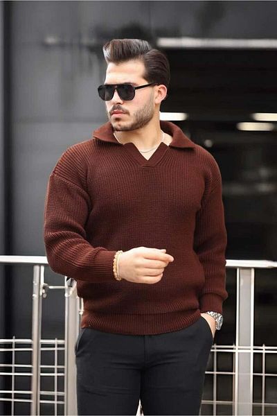 Valiberta Oversize Shirt Polo Neck Thessaloniki Braided Men's Knitwear Sweater - Brown