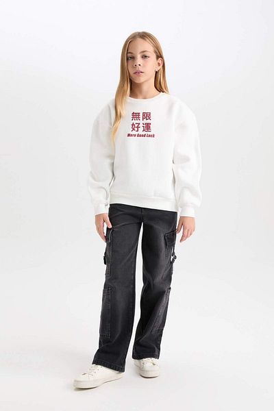 DeFacto Hanorac imprimat pentru fete Relax Fit Crew Neck D1564A824WN