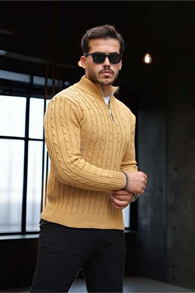 Valiberta Ανδρικό πλεκτό πουλόβερ Bardem με μισό φερμουάρ - Χρώμα γης