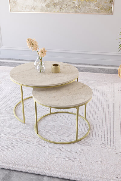 Dekoport Milas Orta Ve Zigon Sehpa Seti - Traverten Desen