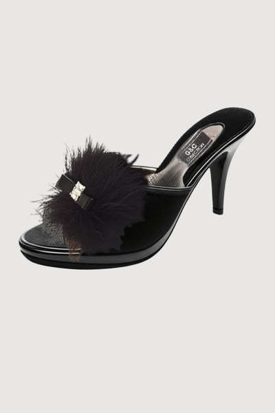 vory Women's Black Heeled Stony Feathered Dowry Bride Gift House Slippers Vr.G02.15C.Y01