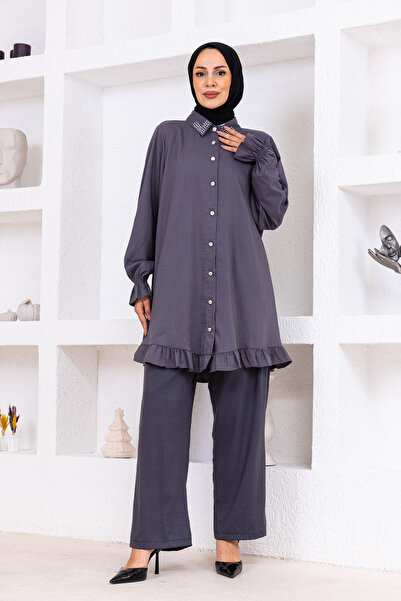 OKTAYUSTA COLLECTİON Stone Detailed Buttoned Cotton Double Suit Gray