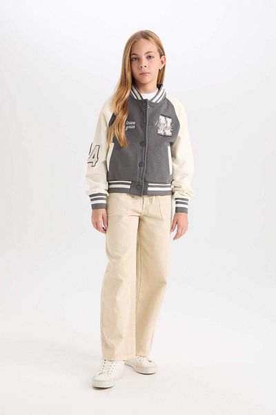 DeFacto Cardigan bomber cu blană moale pentru fete, cu guler de colegiu brodat, închidere cu capse D3108A824WN