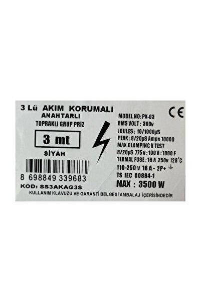 Genel Markalar 3 lü Topraklı Anahtarlı Akım Korumalı Grup Priz 3 Metre Siyah