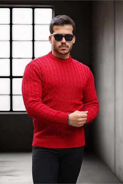 Valiberta Hair Braided Crew Neck Men's Knitwear Sweater - Red