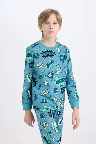 DeFacto Erkek Çocuk Pijama Takımı Desenli Uzun Kollu Üst Beli Lastikli Uzun Alt D6322A824WN
