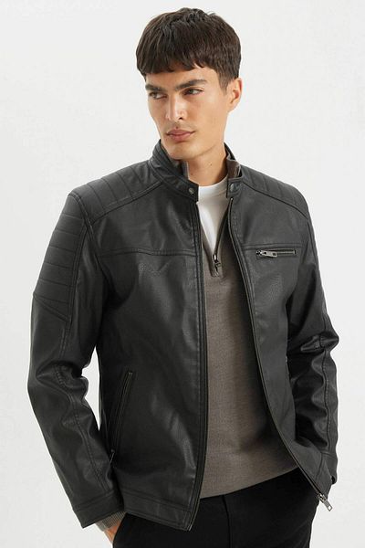 DeFacto Faux Leather Slim Fit Coat - Stand Collar, Zip Pockets, Seasonal D4918Ax24Au