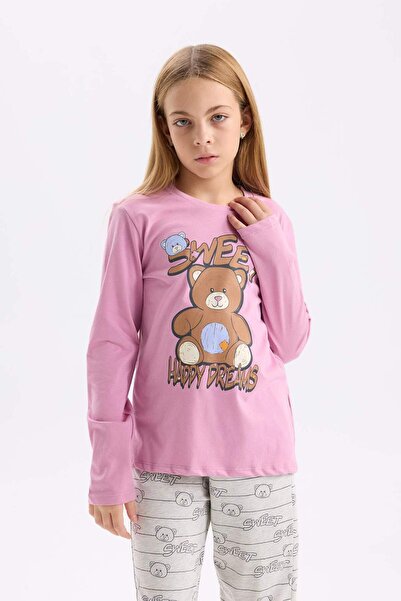 DeFacto Kız Çocuk Pijama Takım Ayıcık Baskılı Uzun Kollu Üst Beli Lastikli Desenli Uzun Alt D2108A824AU