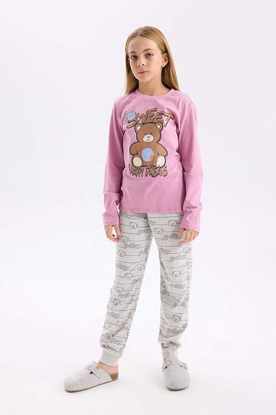 DeFacto Girls' Pajamas Set Teddy Bear Printed Long Sleeve Top with Elastic Waist Patterned Long Bottom D2108A824Au