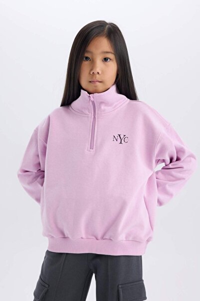 DeFacto Kız Çocuk Relax Fit Yarım Fermuarlı Baskılı Sweatshirt D0620A824AU