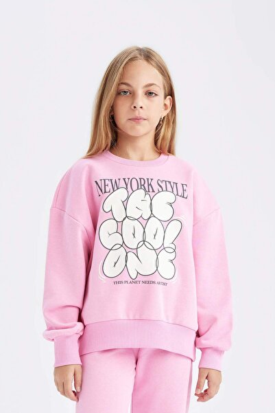 DeFacto Κοριτσίστικο σετ 2 τεμαχίων με στάμπα με λαιμόκοψη φούτερ με ελαστική μέση Jogger Sweatpants D2218A824WN