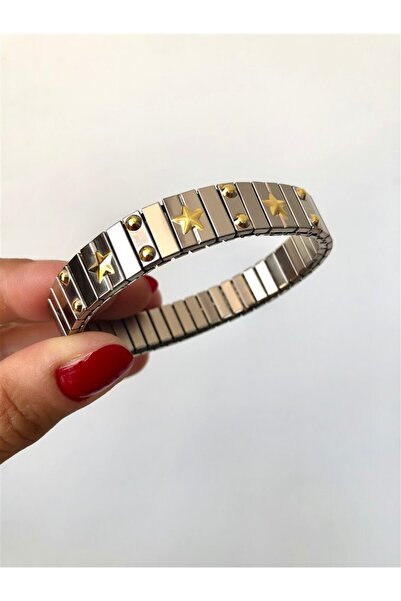 Gözde Tasarım Butik GOLD ALTIN YILDIZ DETAYLI ESNEK ÇELİK KELEPÇE BİLEKLİK