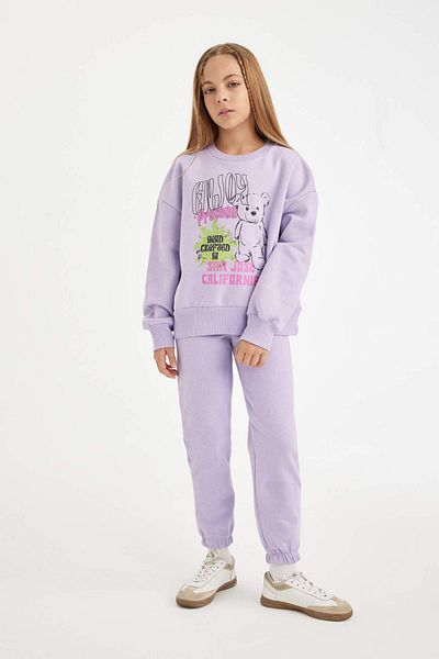 DeFacto Set de 2 piese pentru fete, hanorac imprimat cu decolteu, pantaloni de sport pentru jogger cu talie elastică D2218A824WN