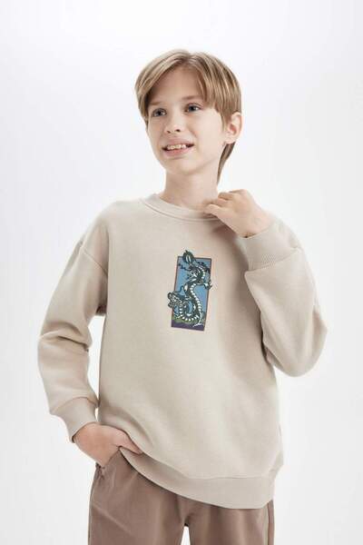 DeFacto Erkek Çocuk Oversize Geniş Kalıp Bisiklet Yaka Baskılı Sweatshirt D5678A824WN