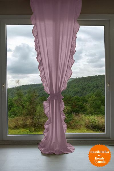 MZN Home Pink Color Vintage Linen Curtain with 3 Ruffled Edges (W X L) - Single Wing - Lacing Gift - No Pleats