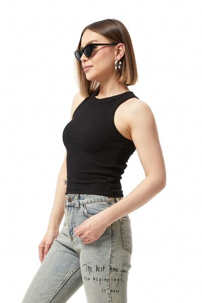 Aslında Look Short Sleeve Strap Halter Collar Ribbed Bady Athlete - Comfortable Fit
