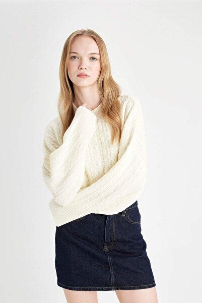 DeFacto Coool Regular Fit Crop Bisiklet Yaka Saç Örgülü Triko Kazak T4518AZ24WN