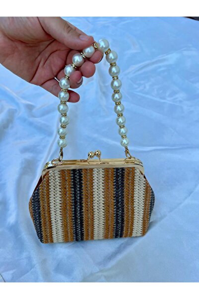 EBROU Straw Handbag with Soley Pearls and Chain Cross Shoulder Bag