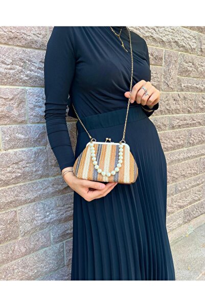 EBROU Straw Handbag with Soley Pearls and Chain Cross Shoulder Bag