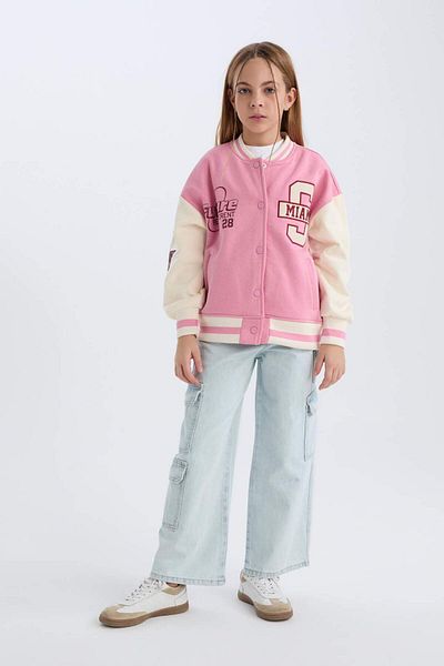 DeFacto Bedruckte Bomber-Strickjacke für Mädchen mit College-Kragen und Druckknopfverschluss, innen weich, flauschig, D2625A824AU