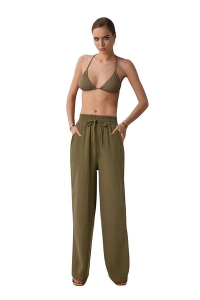 clavia Muslin Palazzo Pants, Comfortable Fit Wide Leg High Waist Summer Muslin Fabric Trousers Khaki Green