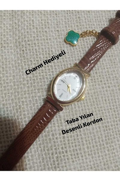 QUARTZ Retro Vintage Women Wristwatch Oval Steel Case Minimal Model Taba Snake Pattern Cord Charmli 0118