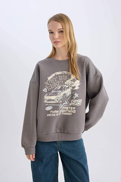 DeFacto Coool Oversize Geniş Kalıp Bisiklet Yaka Baskılı Kalın Sweatshirt D5385AX24AU