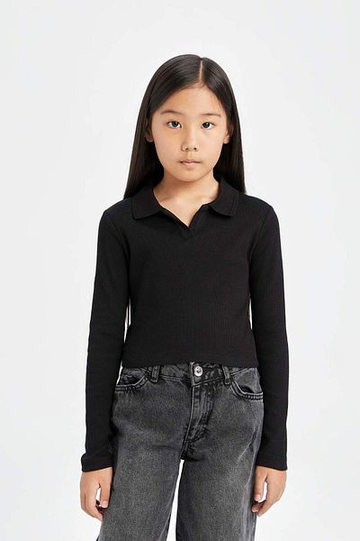 DeFacto Polo Crop Fit pentru fete, tricou cu mânecă lungă cu camisole cu nervuri solide D3367a824au