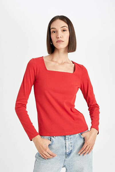 DeFacto Regular Fit Kare Yaka Basic Düz Fitilli Kaşkorse Uzun Kollu Kırmızı Tişört D7506AX24AU