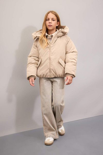 DeFacto Girls' Water Repellent Ribbed Sleeves Elastic Waist Hooded Pocket down Jacket C5491A824Wn