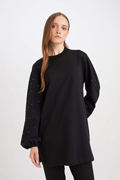 DeFacto Regular Fit Bisiklet Yaka Balon Kollu Taşlı Uzun Kollu Sweatshirt Tunik D4803AX24AU