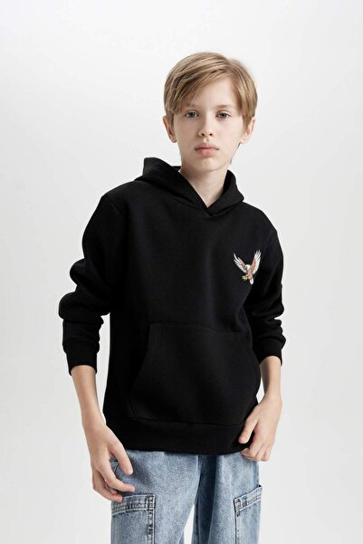 DeFacto Erkek Çocuk Baskılı Kapüşonlu Siyah Sweatshirt D3032A824WN