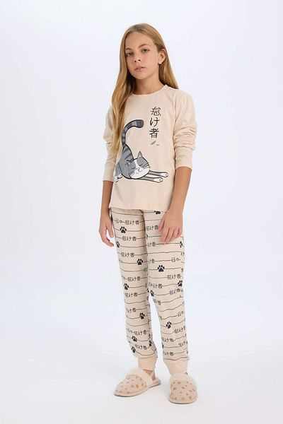 DeFacto Girls Pajamas Set Cat Printed Long Sleeve Top Long Bottom D2118A824Au