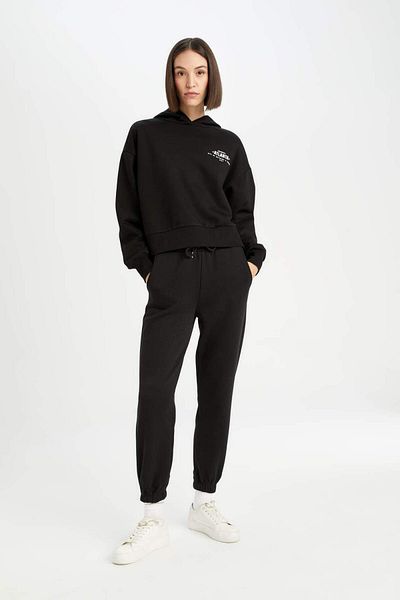 DeFacto Boxy Fit Hooded Printed Thick Black Sweatshirt D6717Ax24Wn